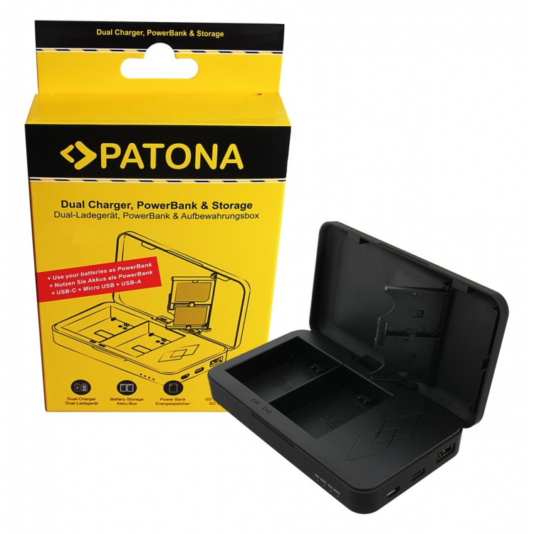 PATONA Dual charger with Powerbank function and memory card storage for Sony NP-FZ100