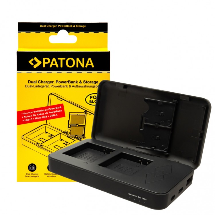 PATONA Dual charger for Panasonic DMW-BLG10 DC-TX2 DMC-GF3K DMCGX7 DMC-ZS110 with power bank function and memory card storage
