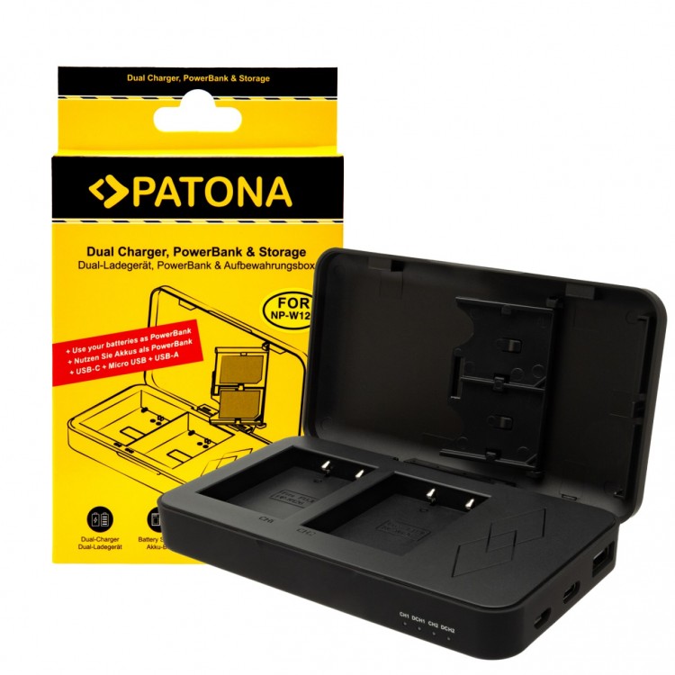 PATONA dual charger for Fuji NP-W126 FinePix with power bank function and memory card storage