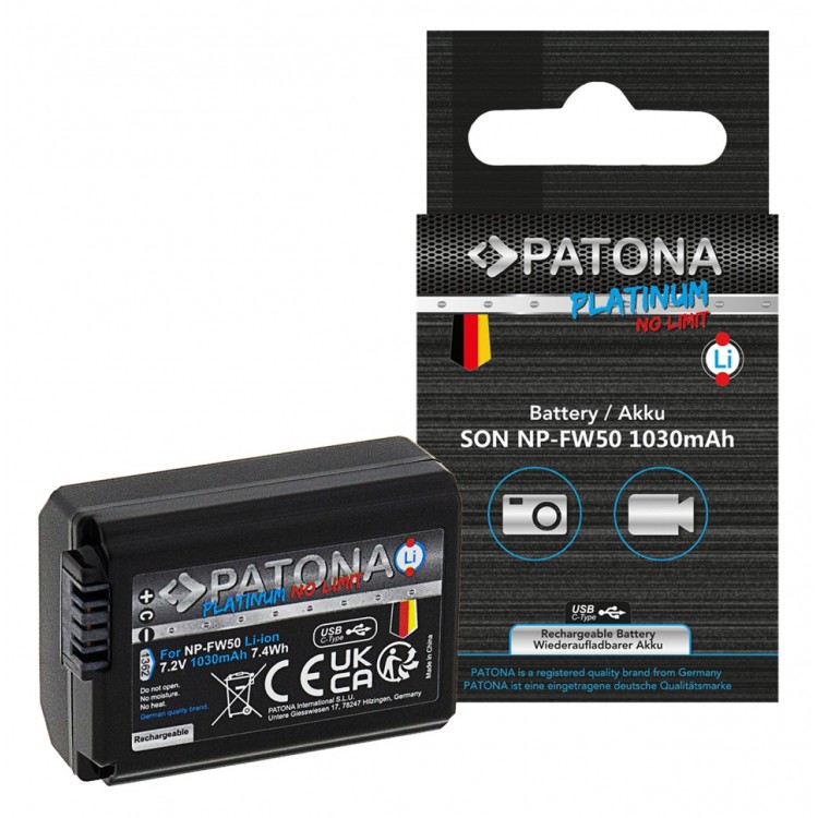 PATONA Platinum Battery with USB-C Input f. Sony NP-FW50 NEX.3 NEX.3C NEX.5 NEX.5A