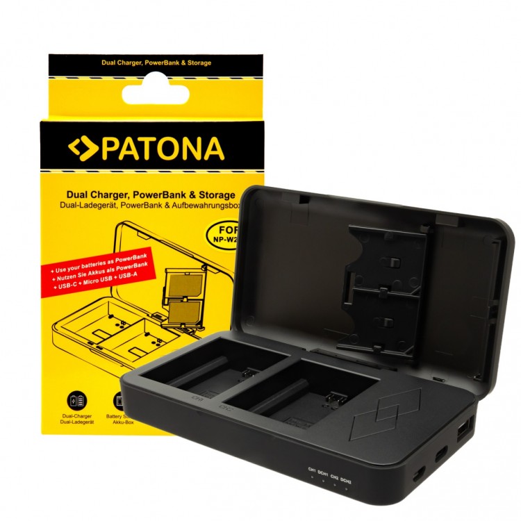 PATONA dual charger for Fuji NP-W235 XT4 X-T4 with power bank function and memory card storage
