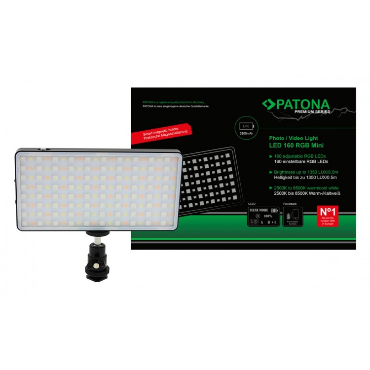 LED Photo and video light with 160 adjustable RGB LEDs and 3 scenes, PATONA Premium
