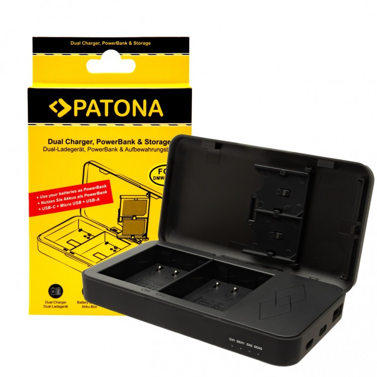 PATONA dual charger for Panasonic DMW-BLK22 DC-S5 G9 GH5 GH5S GH6 with power bank function and memory card storage