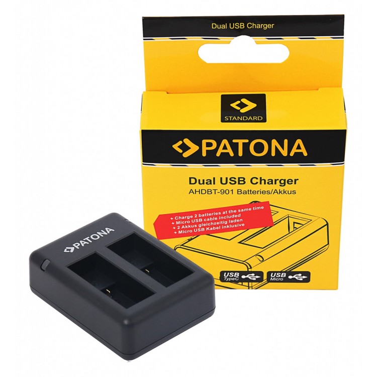 PATONA GoPro Hero 9 Hero 10 Hero 11 AHDBT901 ADBAT001 ADDBD-211 USB Dual Charger incl. Micro-USB cable