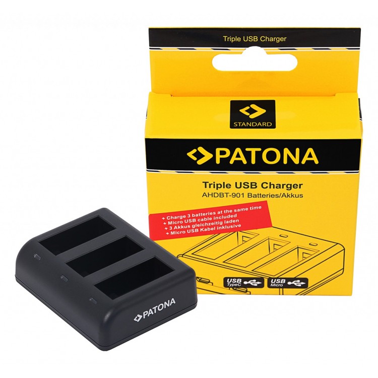 PATONA Tripple Charger for GoPro Hero 9 Hero 10 Hero 11 AHDBT901 ADBAT001 ADDBD-211 incl. Micro USB Cable